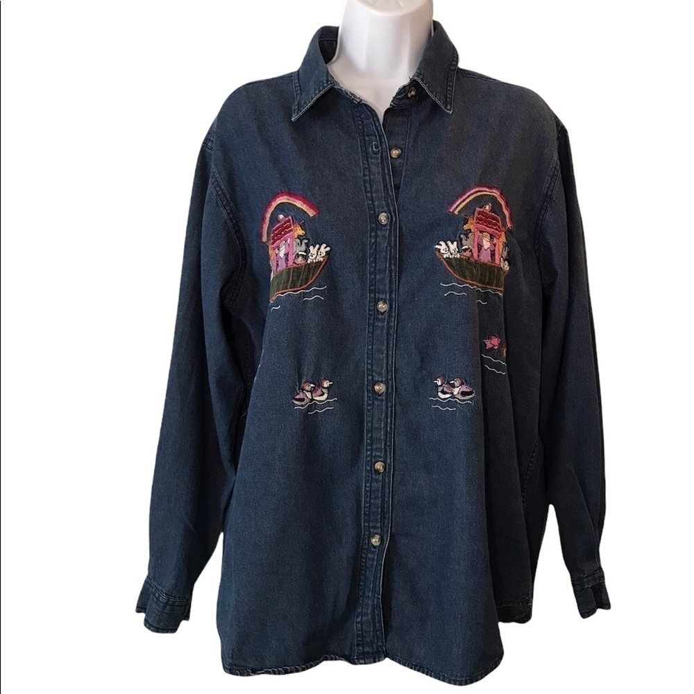 Vintage Way To Go Chambray Noah’s ark Embroidery Button Up Top Size L